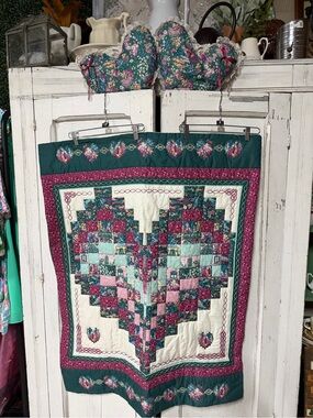 Cottagecore Floral Heart Patchwork Throw Quilt with matching pillows